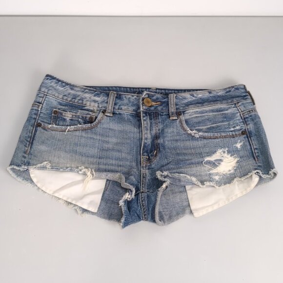 3/$20 American Eagle Denim Mini Shorts Distressed Ripped Cut Off Womens Size 8 - Picture 8 of 9